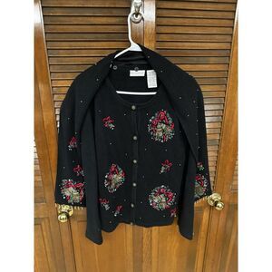 White Snag Vintage Women's Black‎ Cardigan Christmas Bells Wreath W/Scarf Size L
